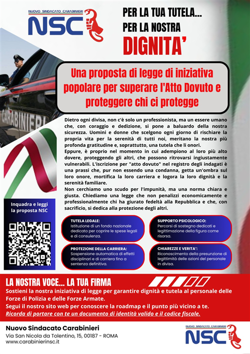Proposta di legge d'iniziativa popolare "Disposizioni per il superamento dell'Atto Dovuto e per la tutela del personale delle Forze di Polizia e delle Forze Armate nell'esercizio delle proprie funzioni"